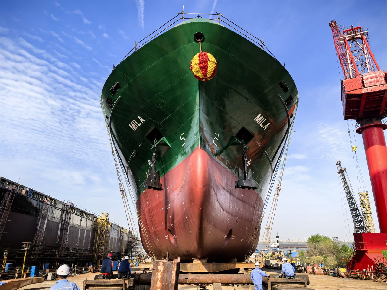 Vessel bow in dry dock ahead of launch